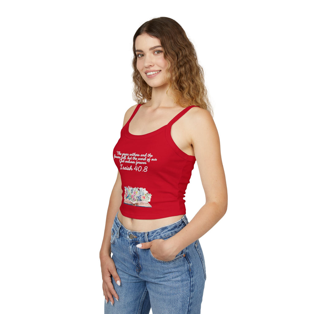 Faith Floral Crop Tank — Isaiah 40:8 Scripture Spaghetti-Strap Tank