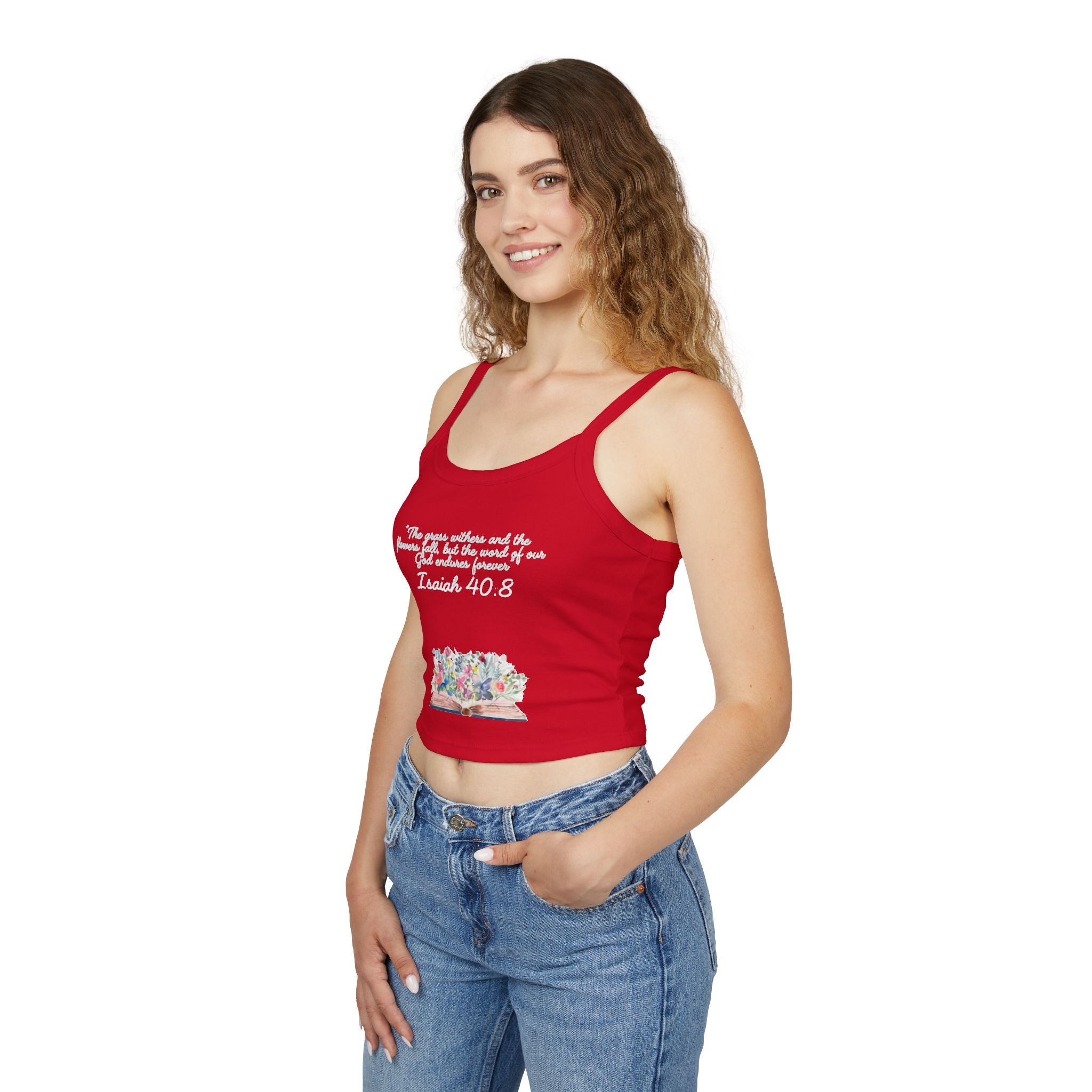 Faith Floral Crop Tank — Isaiah 40:8 Scripture Spaghetti-Strap Tank