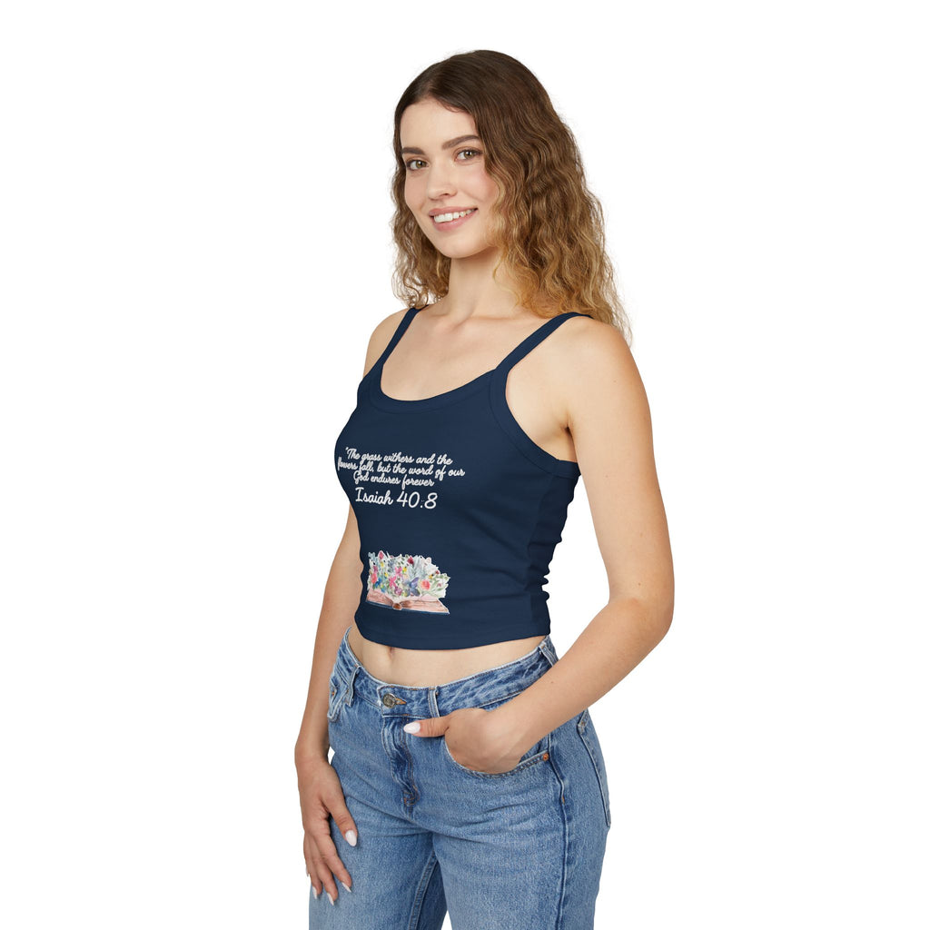 Faith Floral Crop Tank — Isaiah 40:8 Scripture Spaghetti-Strap Tank