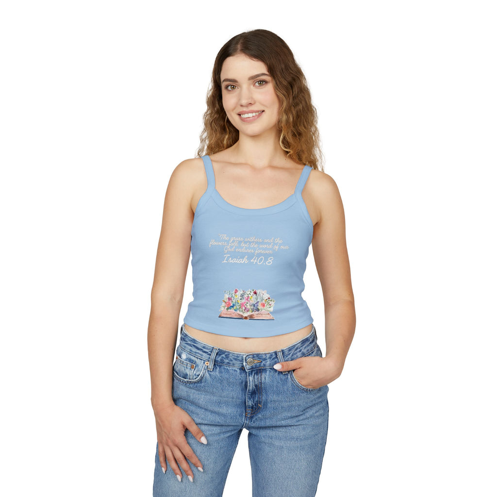 Faith Floral Crop Tank — Isaiah 40:8 Scripture Spaghetti-Strap Tank