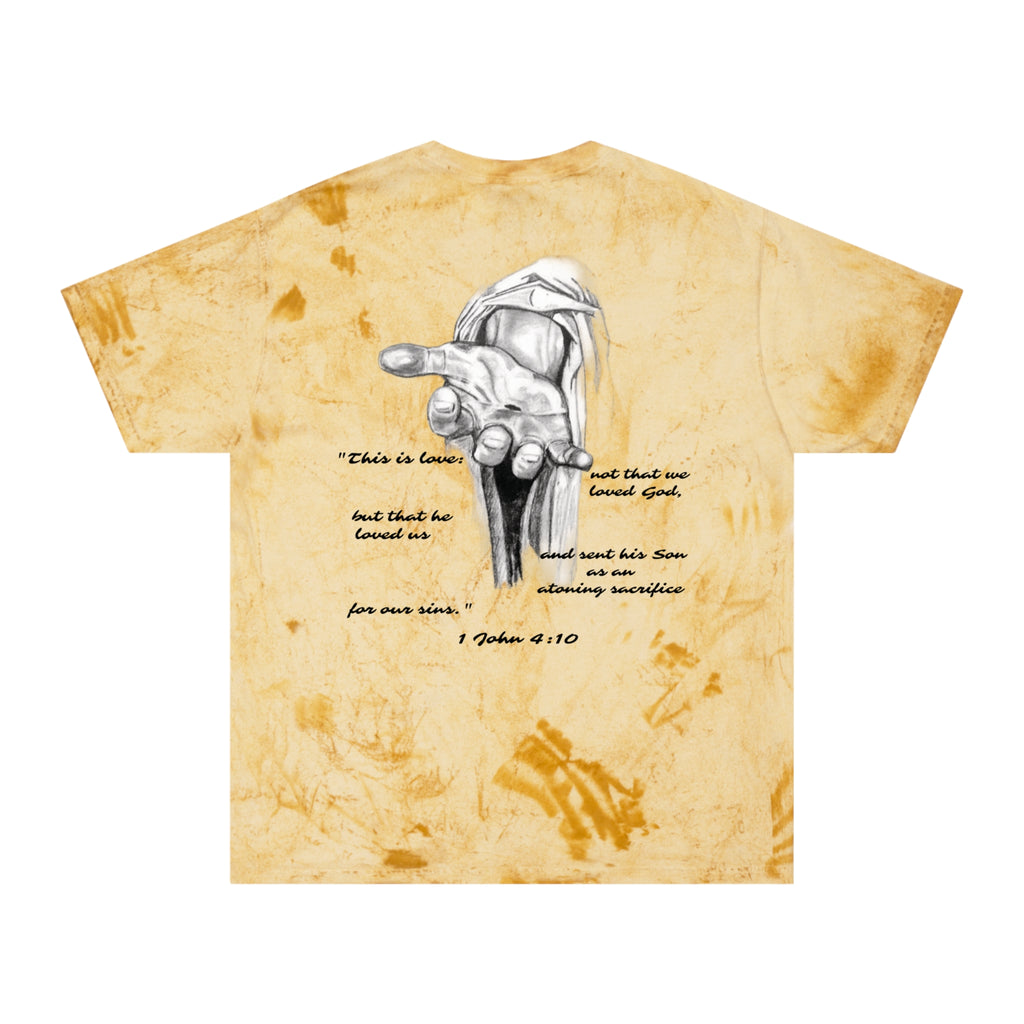 Christian Tie-Dye T-Shirt — Outstretched Hand & 1 John 4:10 Scripture Tee