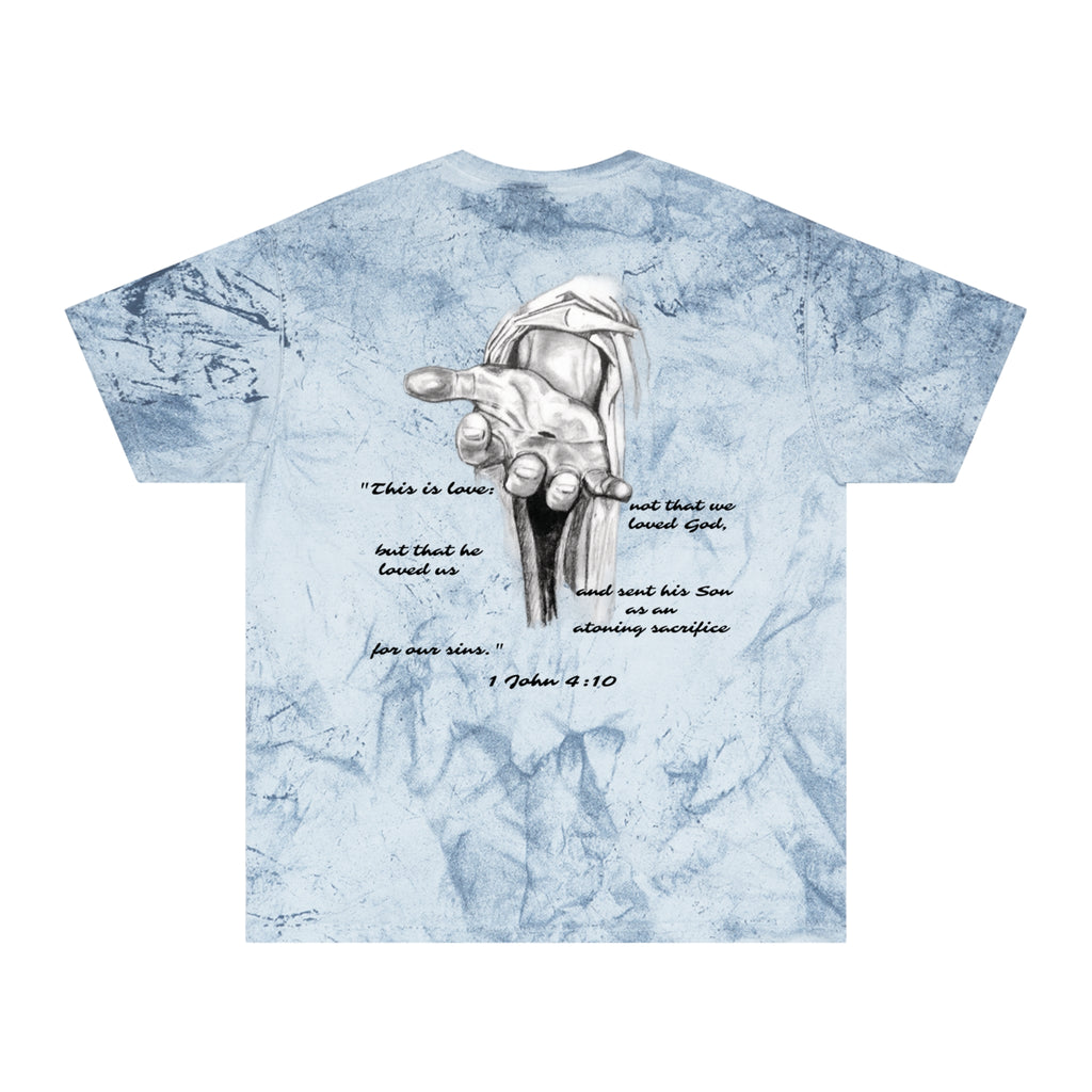 Christian Tie-Dye T-Shirt — Outstretched Hand & 1 John 4:10 Scripture Tee