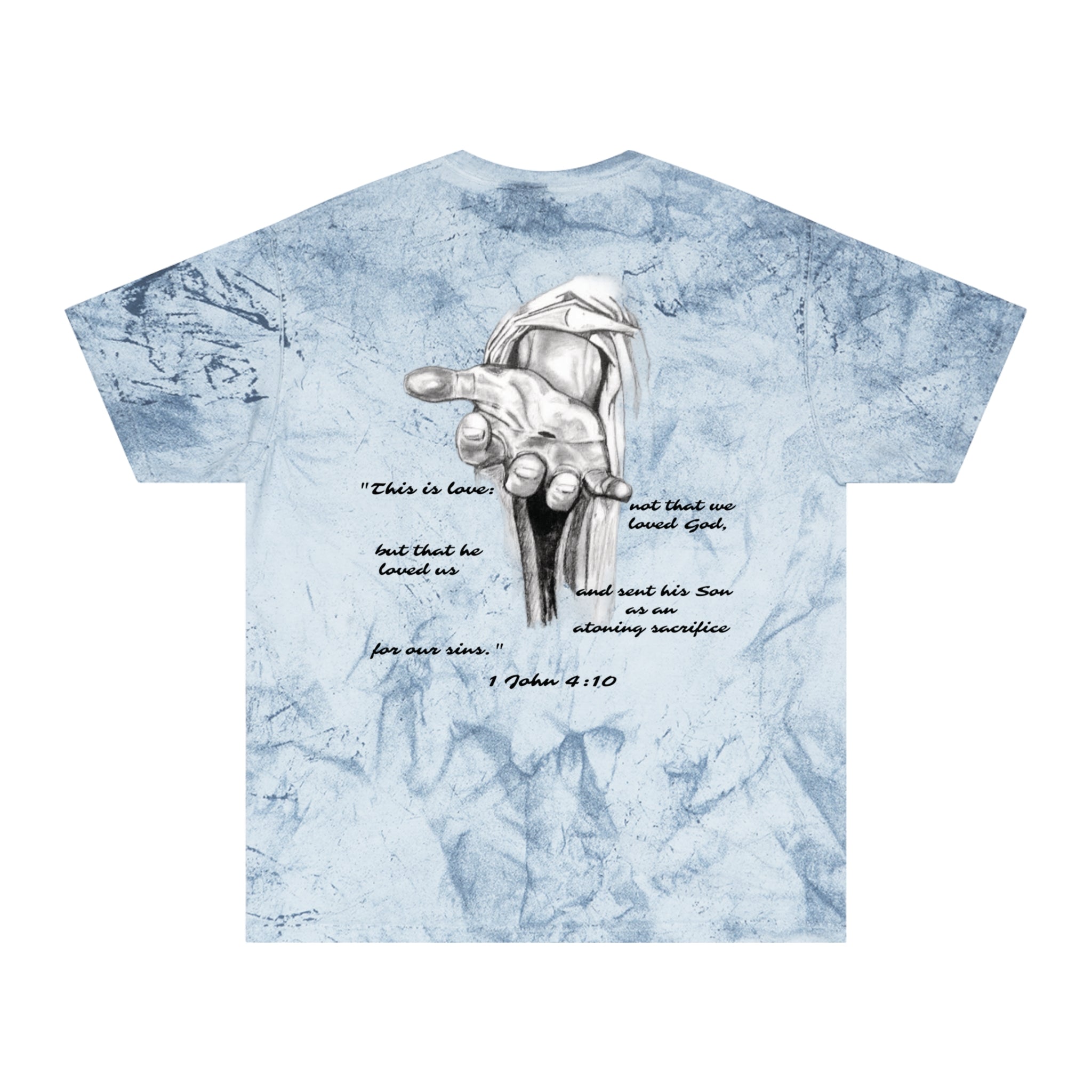 Christian Tie-Dye T-Shirt — Outstretched Hand & 1 John 4:10 Scripture Tee