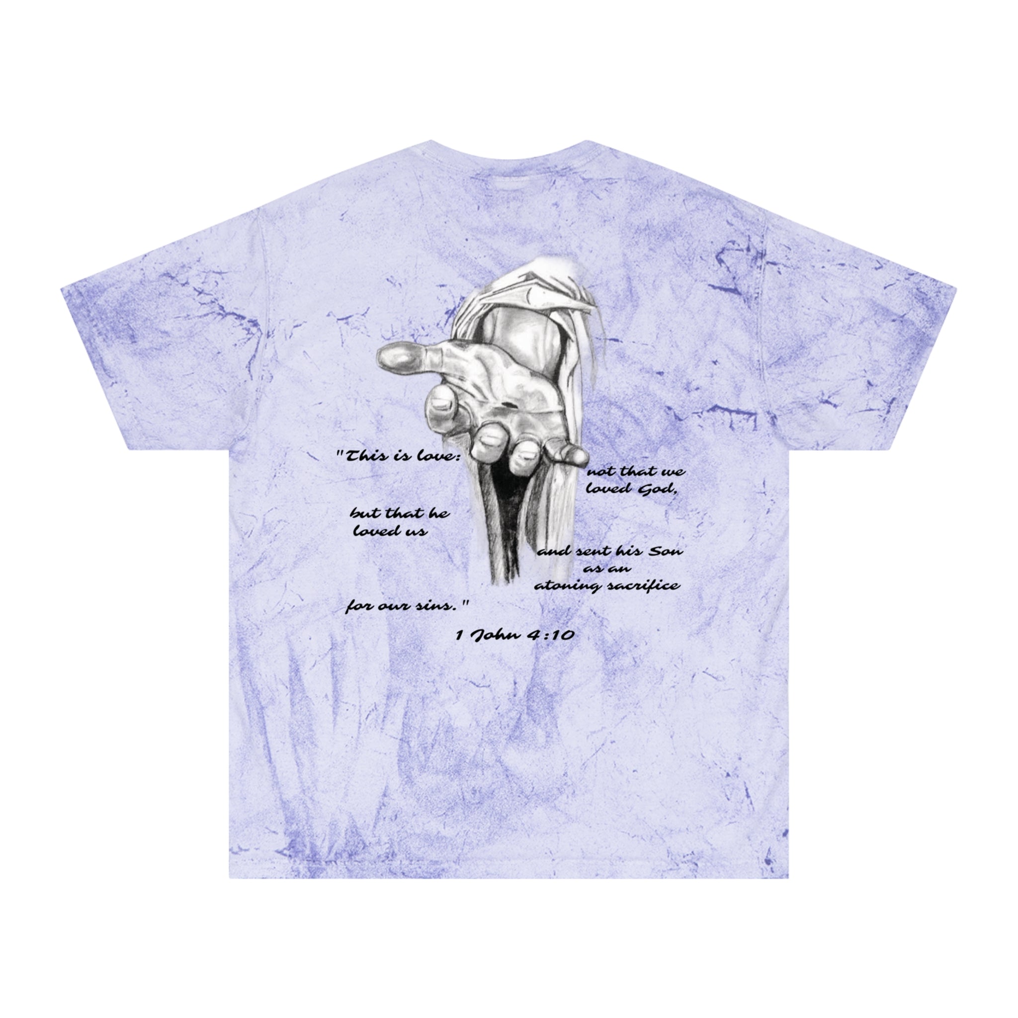 Christian Tie-Dye T-Shirt — Outstretched Hand & 1 John 4:10 Scripture Tee