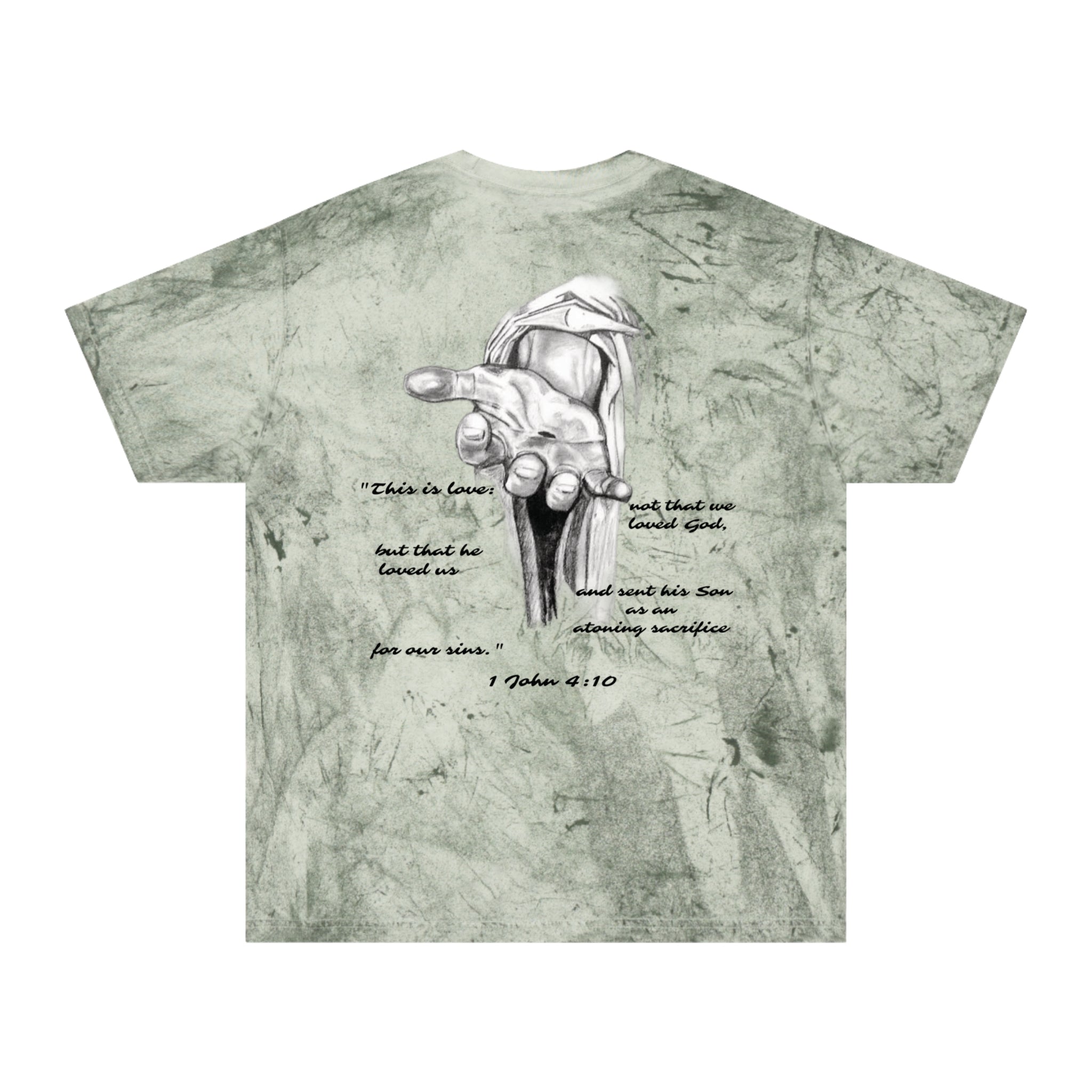 Christian Tie-Dye T-Shirt — Outstretched Hand & 1 John 4:10 Scripture Tee