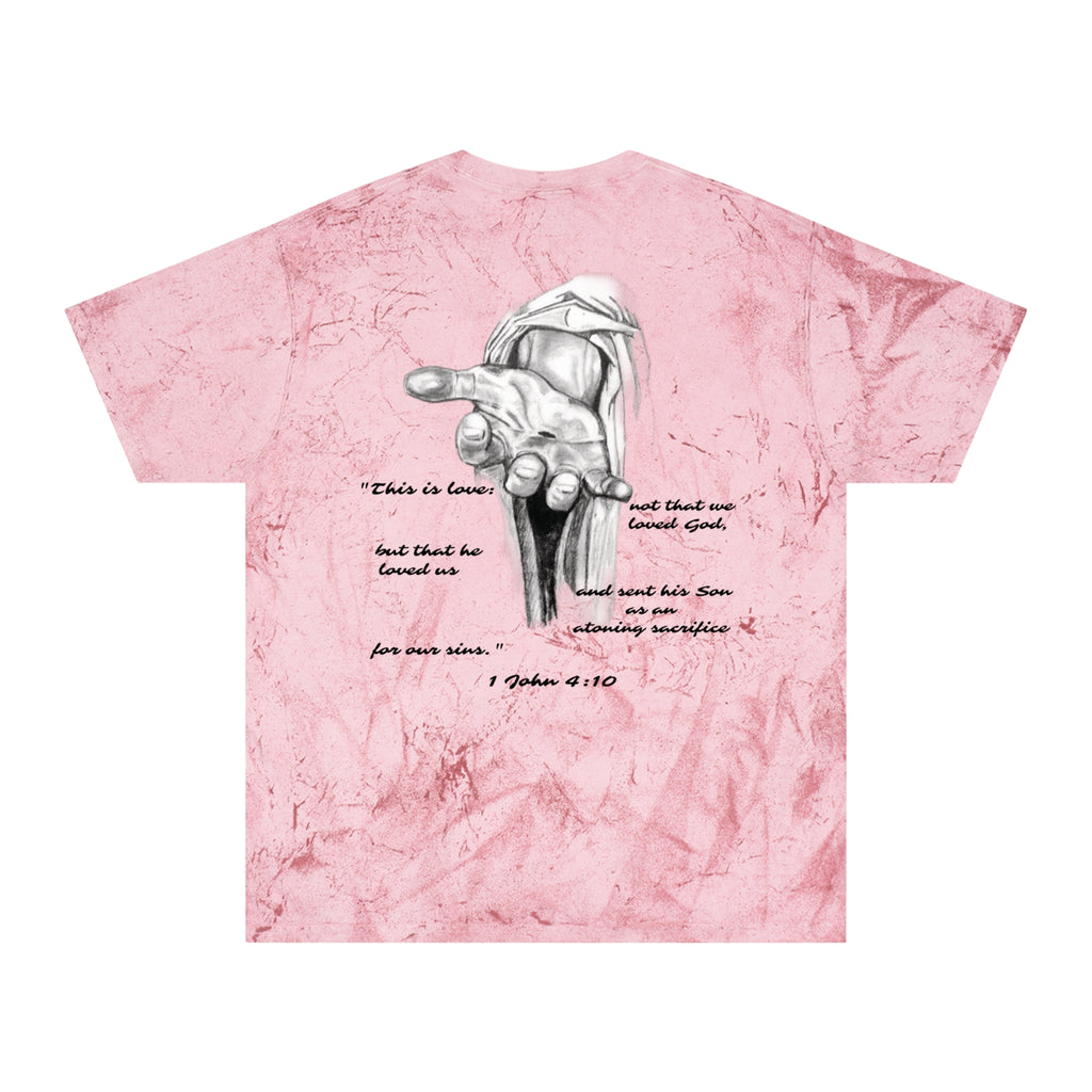 Christian Tie-Dye T-Shirt — Outstretched Hand & 1 John 4:10 Scripture Tee