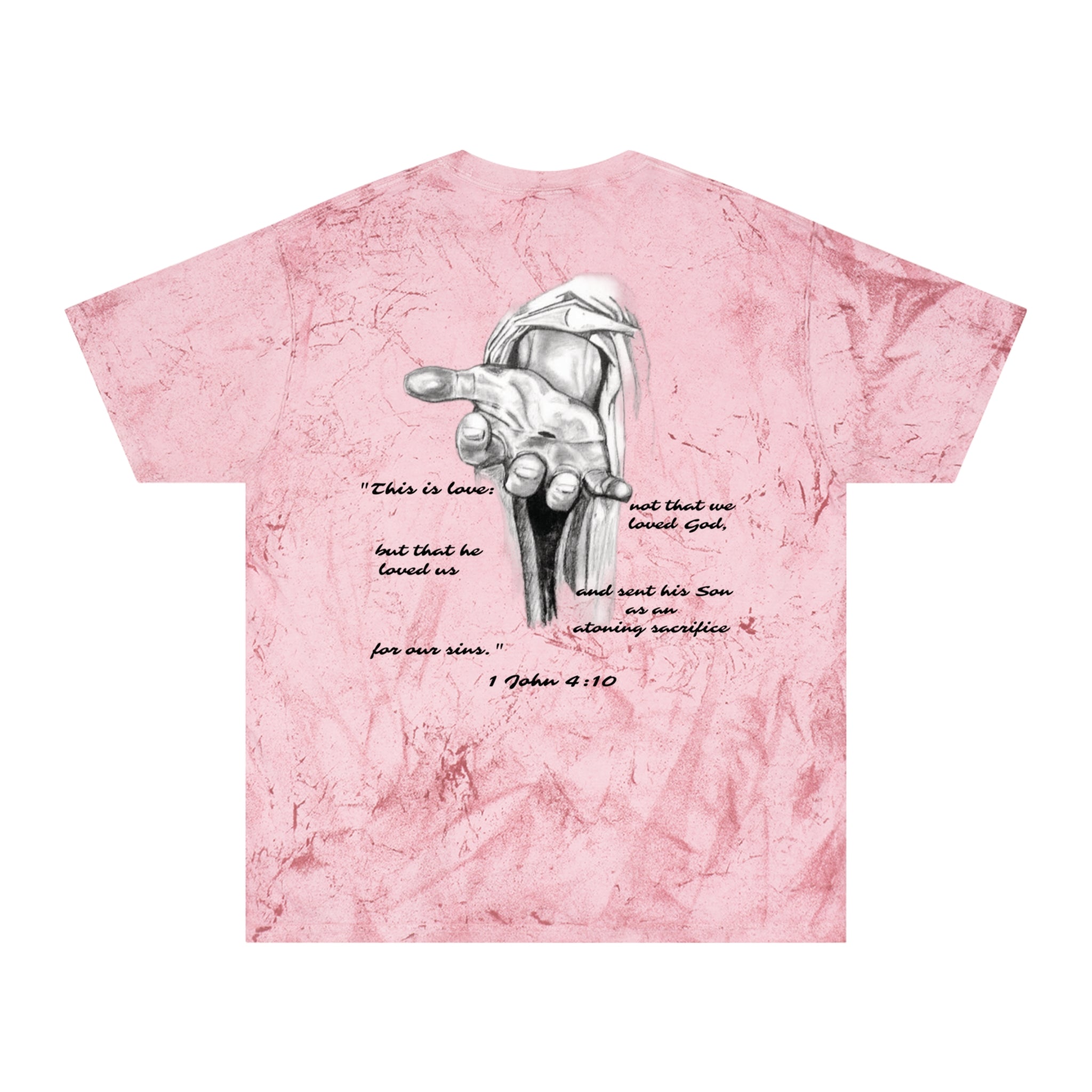 Christian Tie-Dye T-Shirt — Outstretched Hand & 1 John 4:10 Scripture Tee
