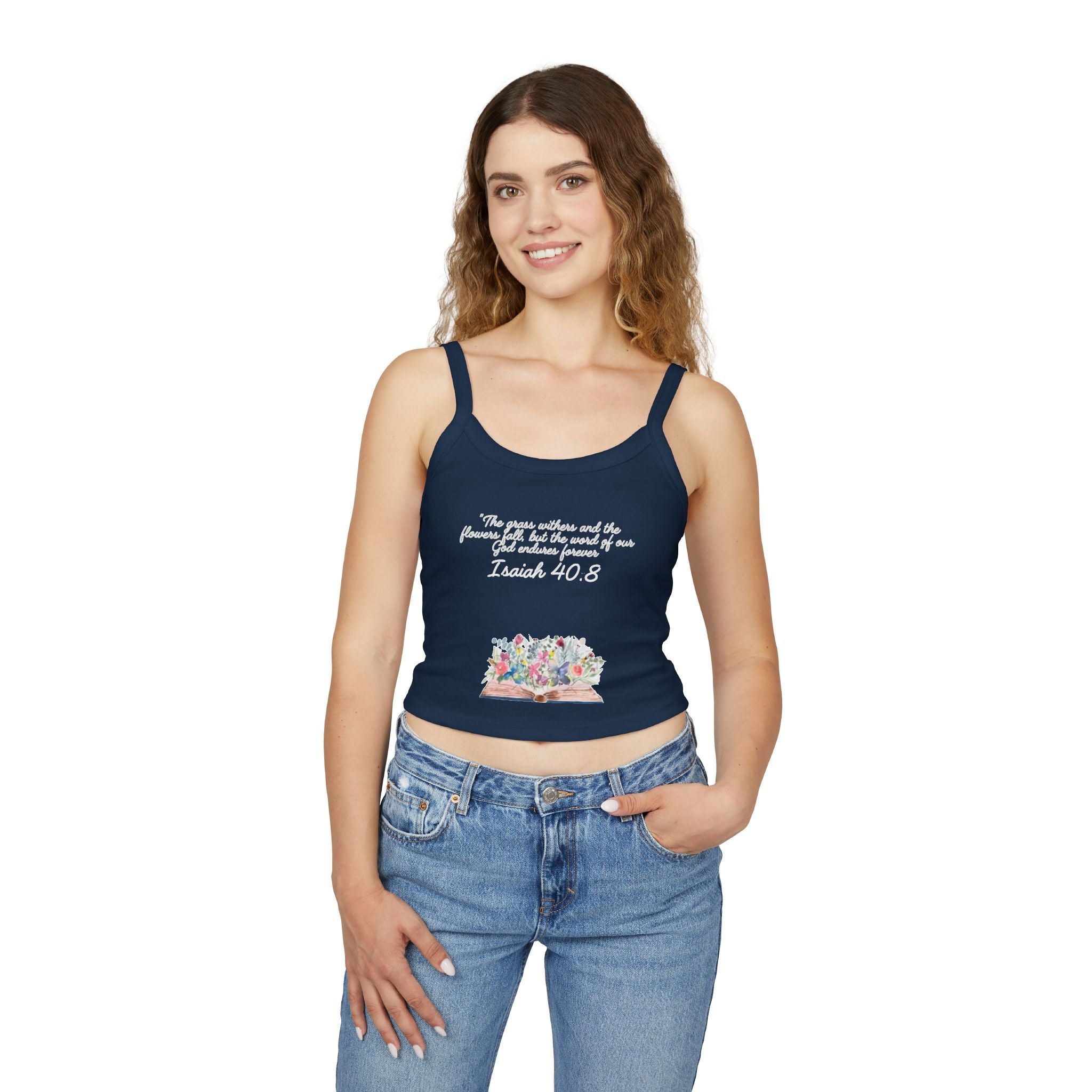 Faith Floral Crop Tank — Isaiah 40:8 Scripture Spaghetti-Strap Tank
