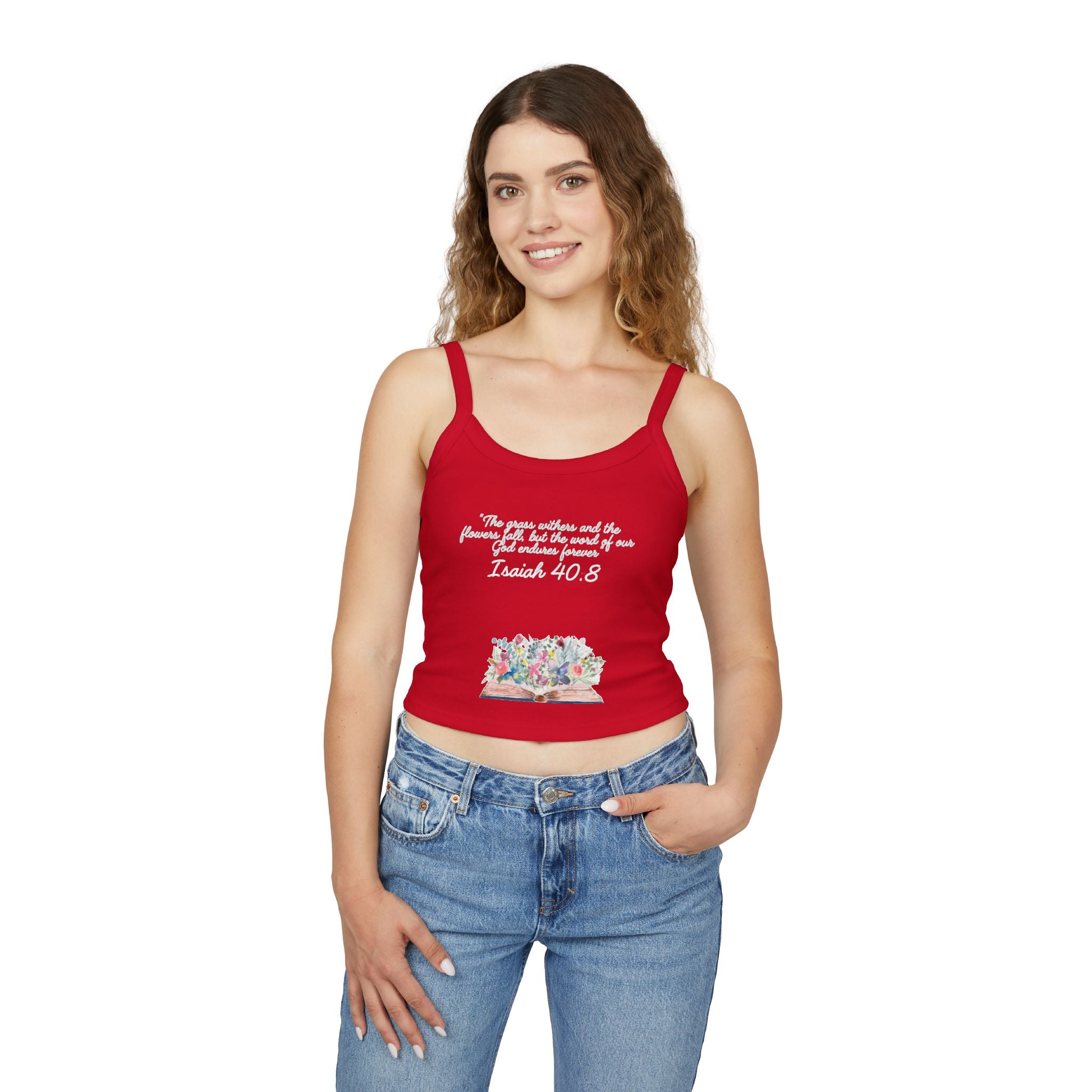 Faith Floral Crop Tank — Isaiah 40:8 Scripture Spaghetti-Strap Tank